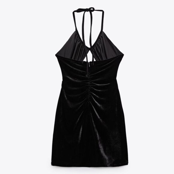 Zara Velvet Mini Dress Black Cutout Halter Going Out Party Size XS NWT - Picture 3 of 8